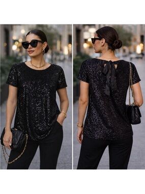 Badgley Mischka Black Velvet Sequin Tie Bow Back Top Chic Evening Glam Feminine